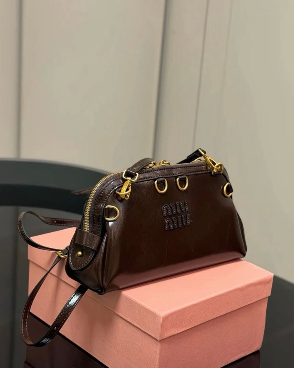Gold Ring Double Zip Patent Leather Bag