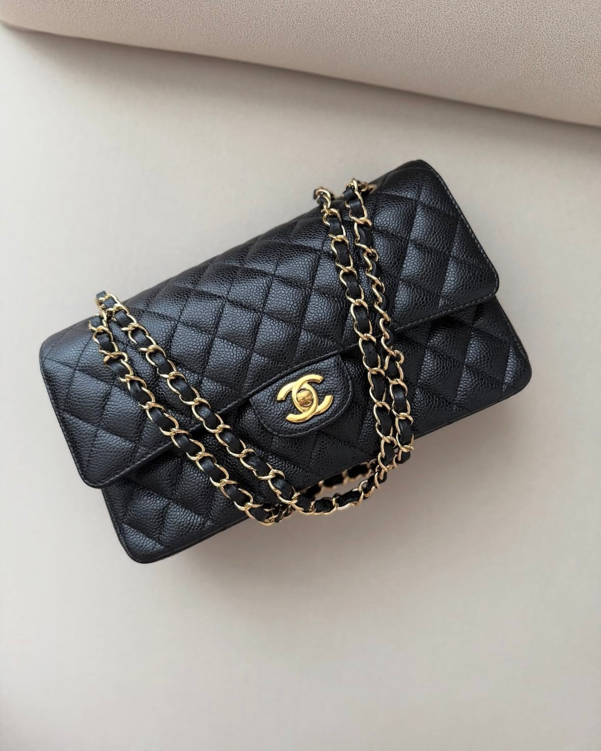Black Quilted Gold 26cm Flap Bag