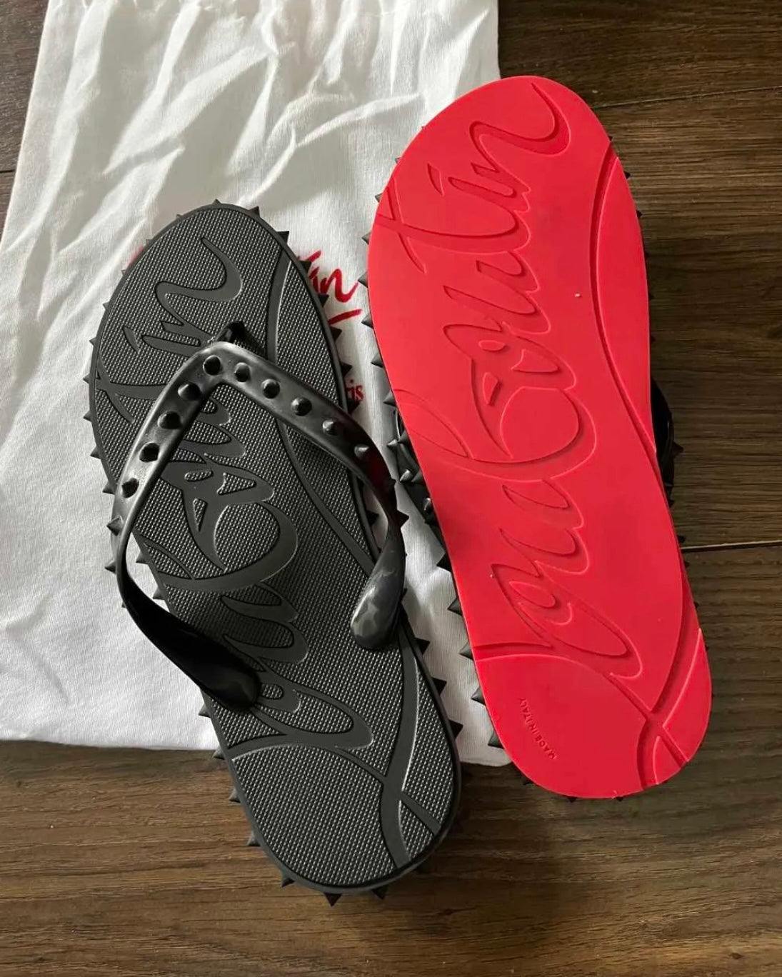 Red Sole Spike Black Flip Flops