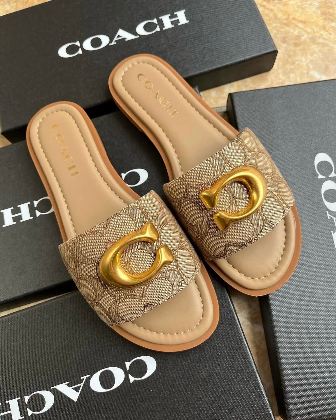 Gold C Monogram Brown Sandals
