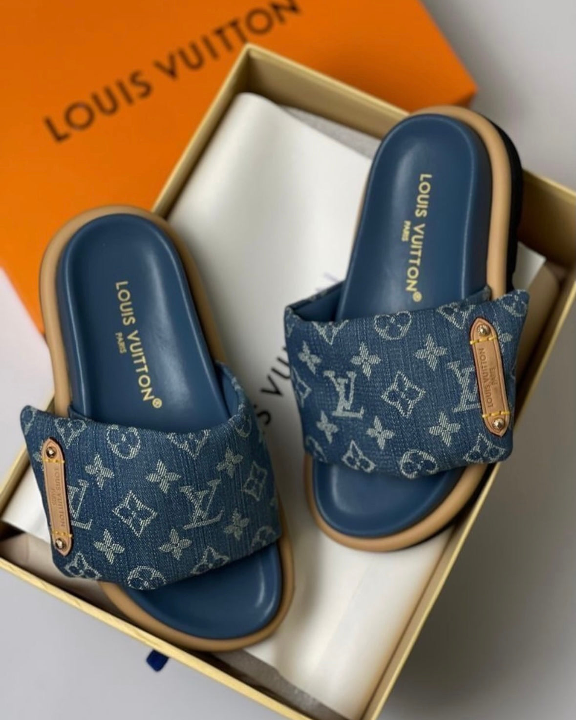 LV Denim Puffy Pillow Sliders