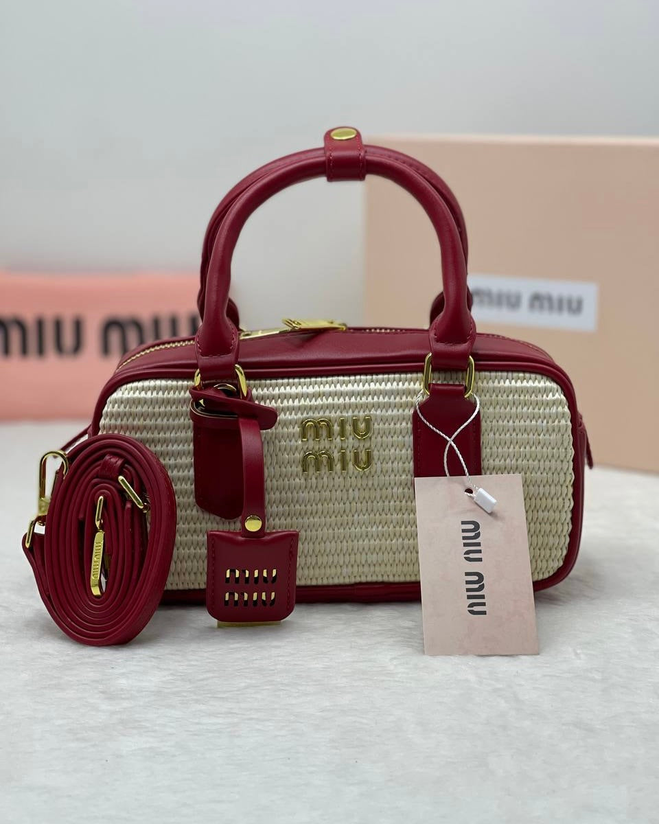 Straw Woven Leather Baguette Charm Handbag