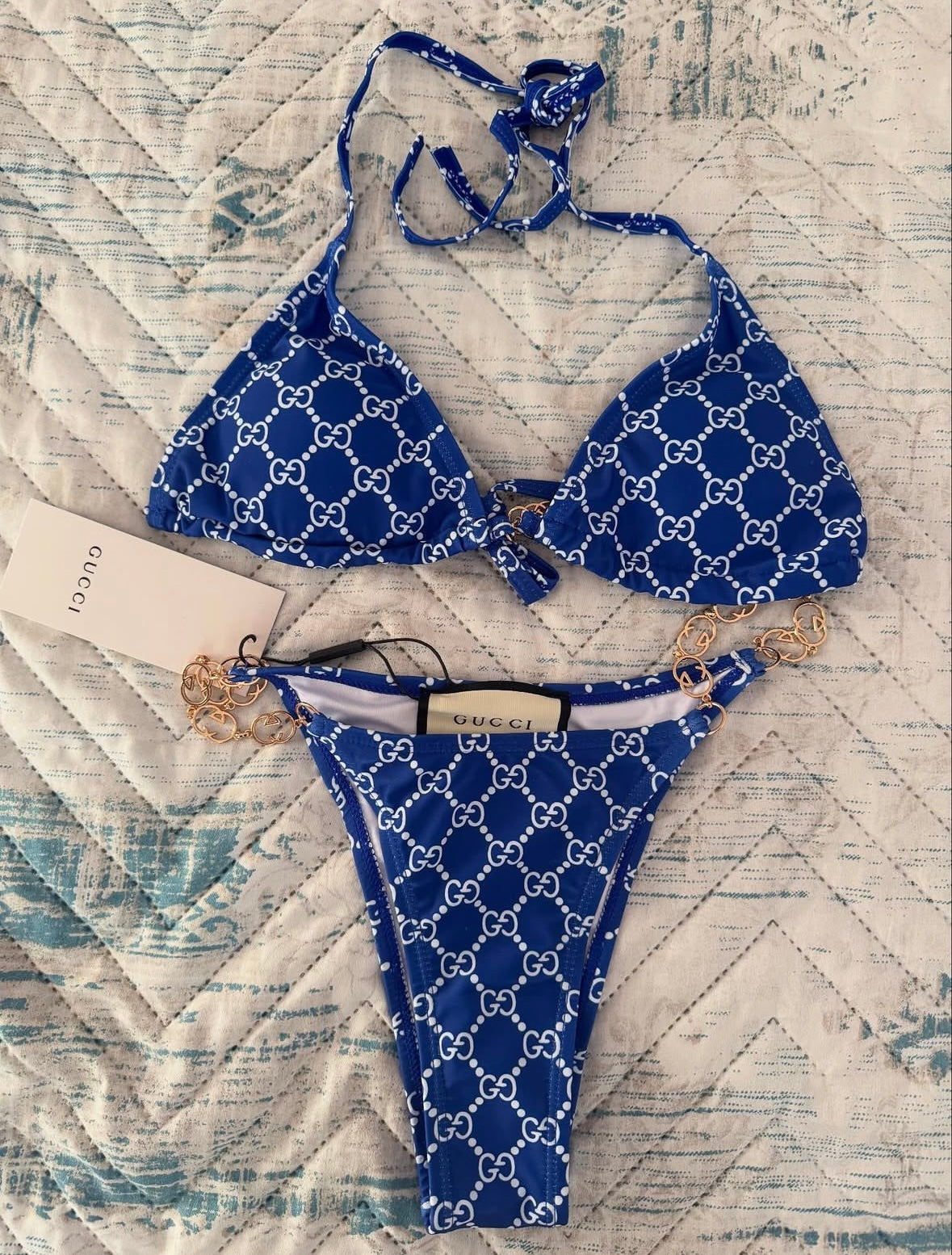 GG Blue Monogram Gold Strap Bikini
