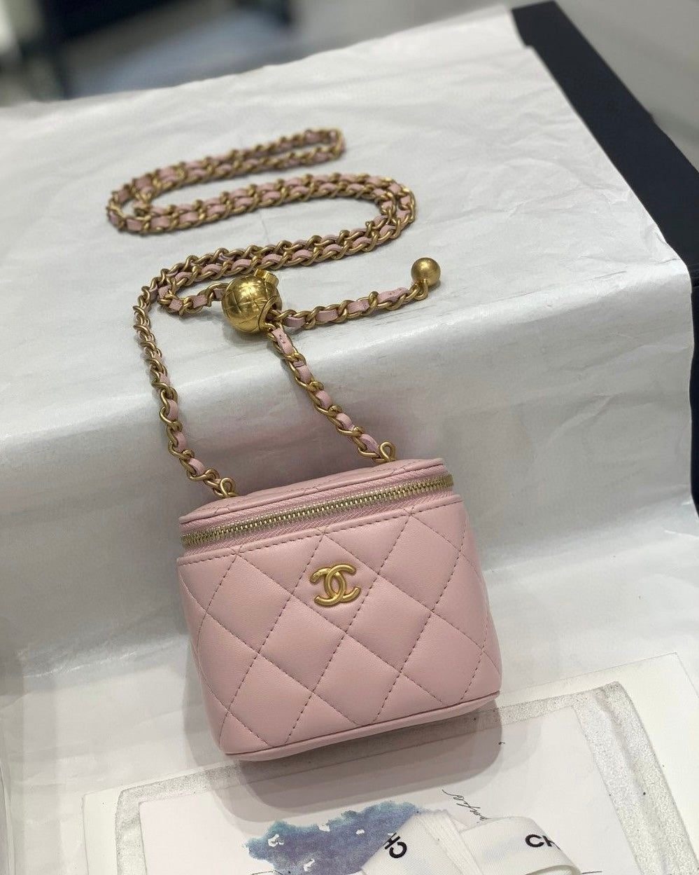 Pink Quilted Gold Chain Box Bag