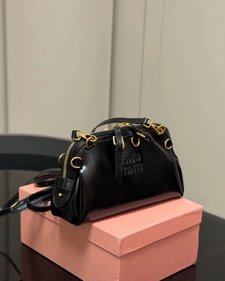Gold Ring Double Zip Patent Leather Bag