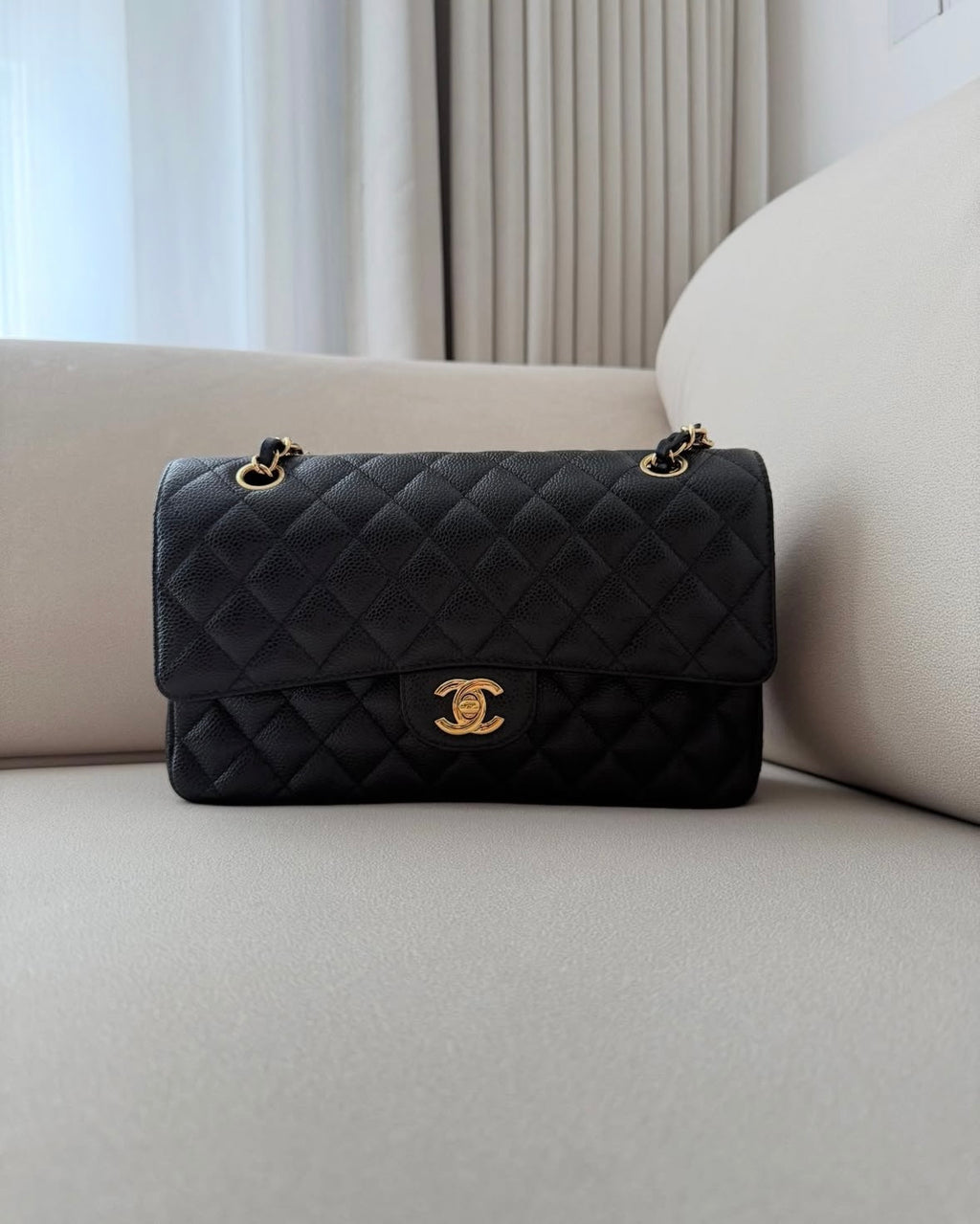 Black Quilted Gold 26cm Flap Bag