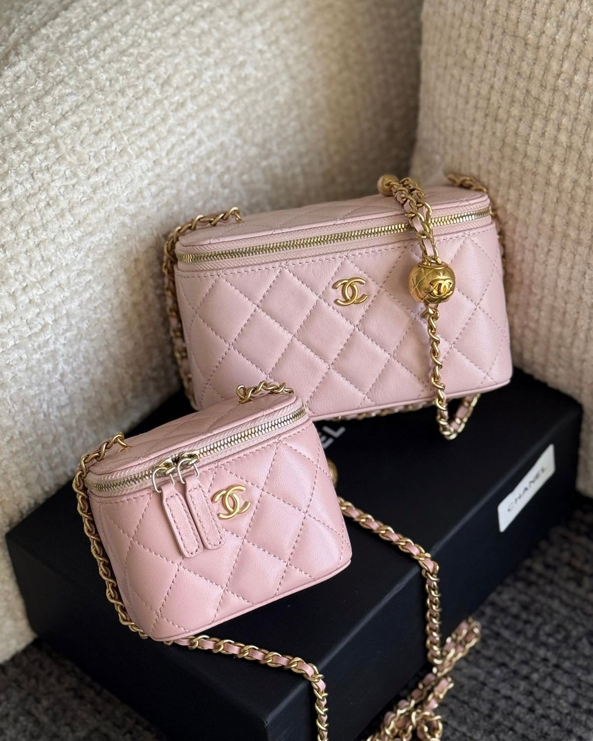 Pink Quilted Gold Chain Box Bag