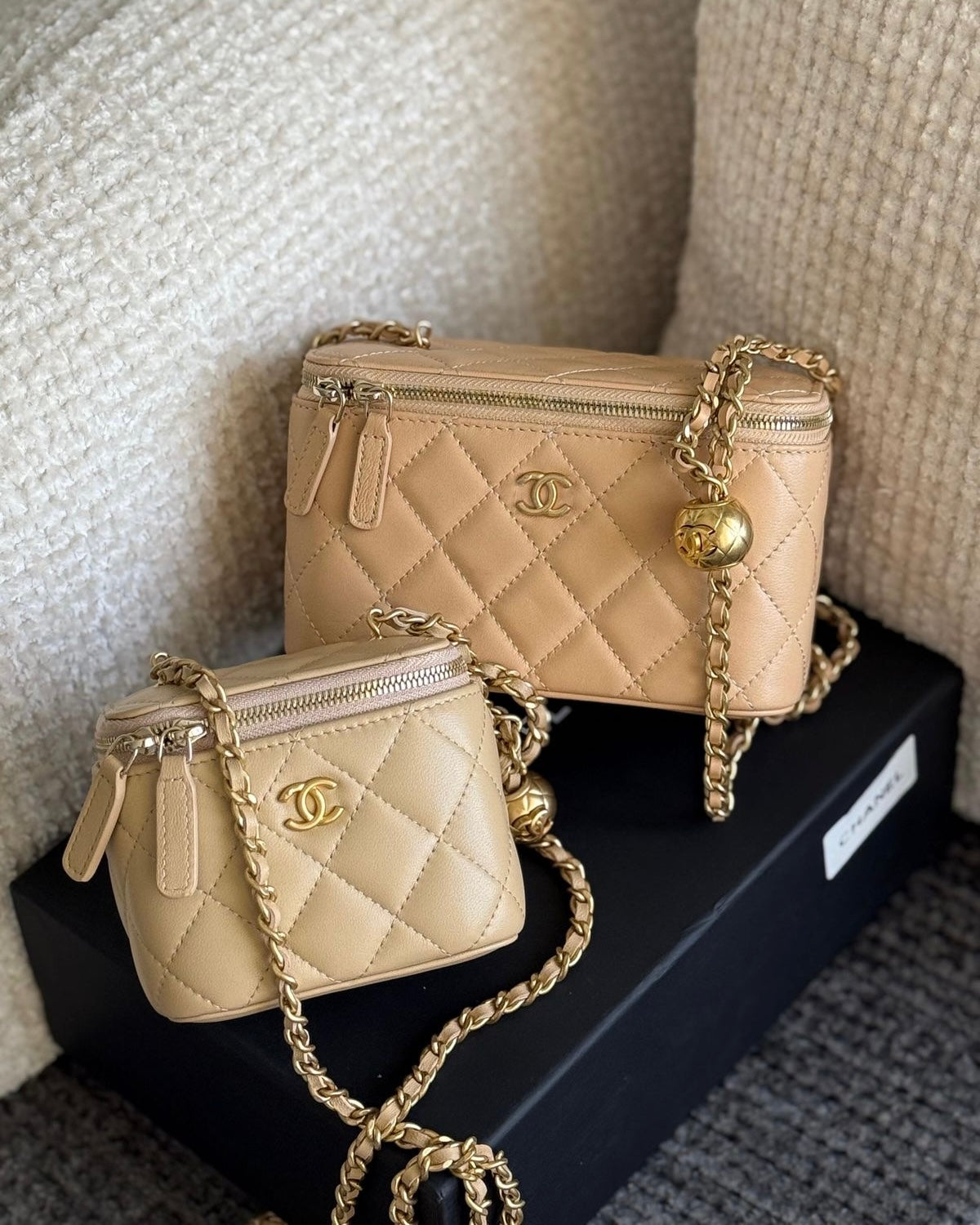 Tan Quilted Gold Chain Box Bag