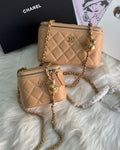 Tan Quilted Gold Chain Box Bag