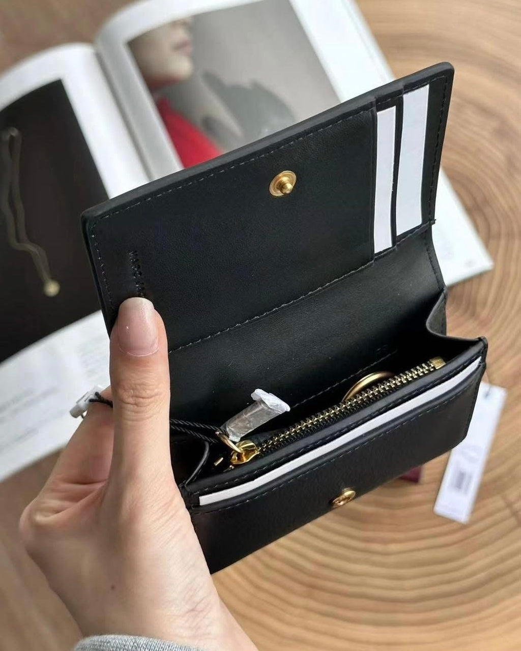 Black Leather Gold O Detail Flap Wallet