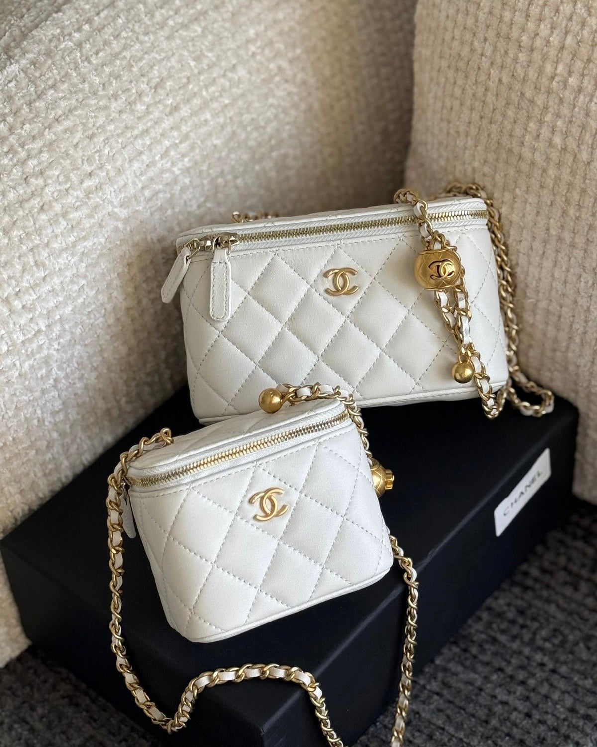 White Quilted Gold Chain Box Bag