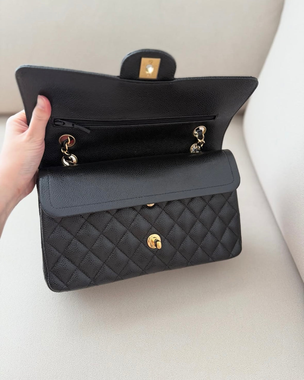 Black Quilted Gold 26cm Flap Bag