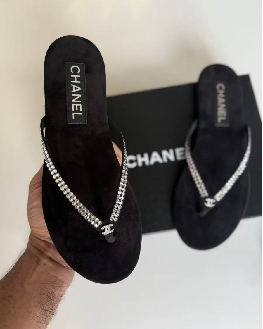 CC Velvet Black Rhinestone Flip Flops