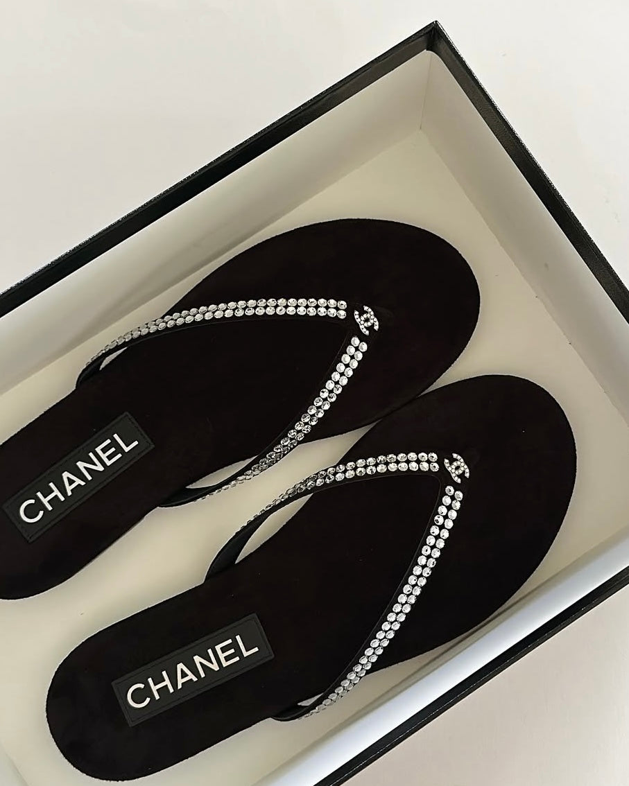 CC Velvet Black Rhinestone Flip Flops