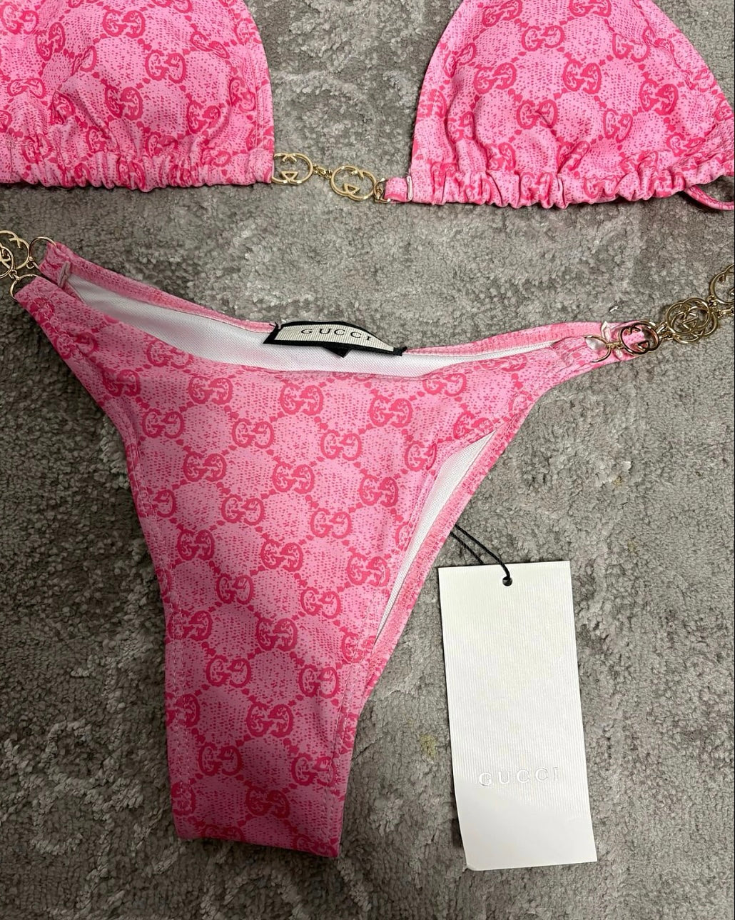GG Pink Monogram Gold Strap Bikini
