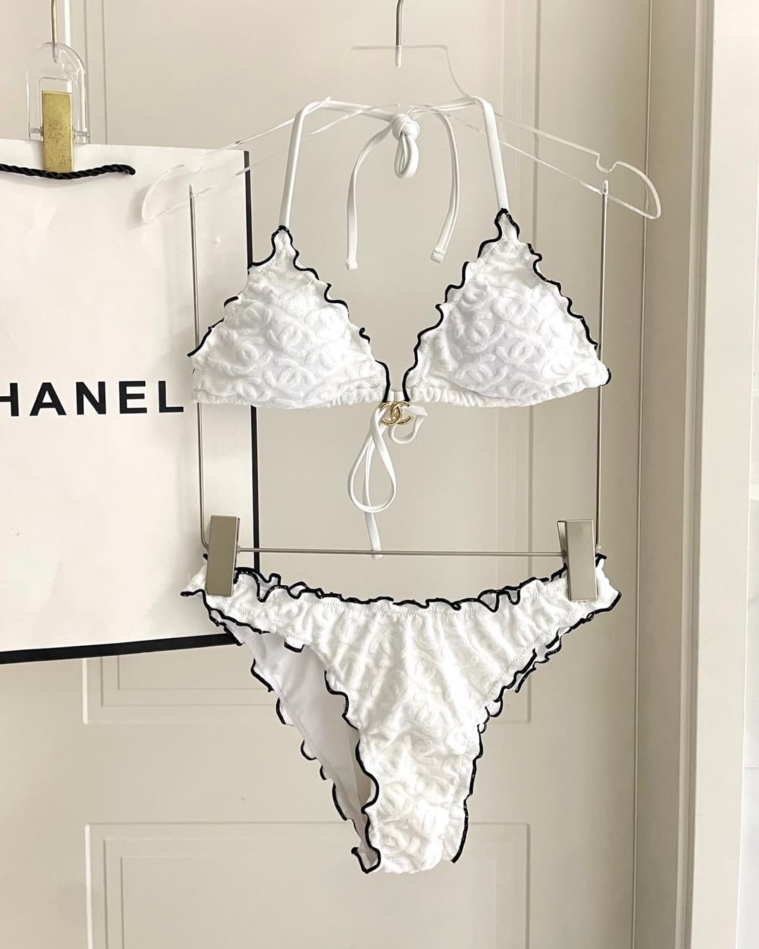 White Monogram Ruffle Bikini Set