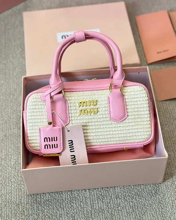 Straw Woven Leather Baguette Charm Handbag