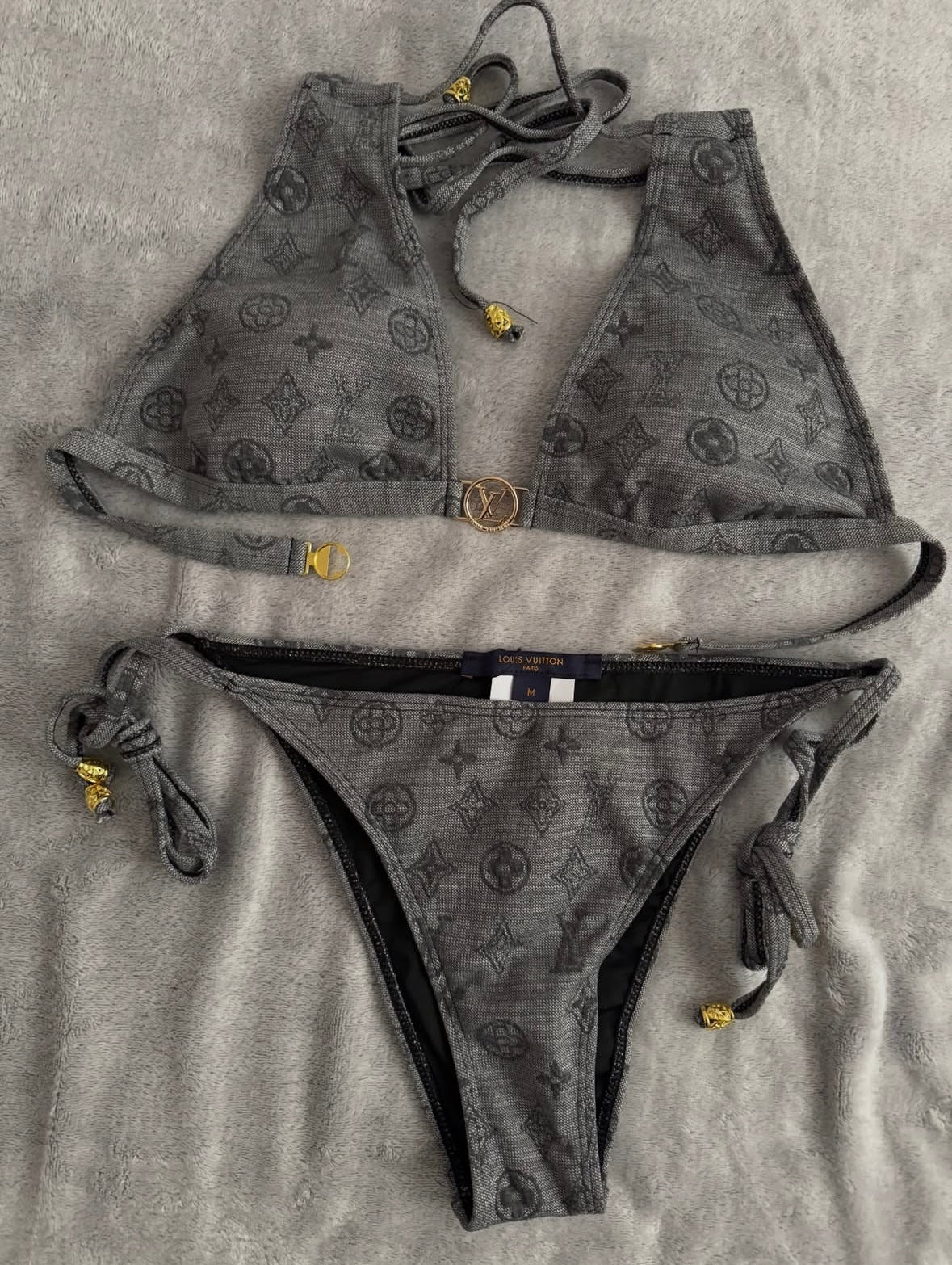 Grey LV Gold Charm Detail Bikini