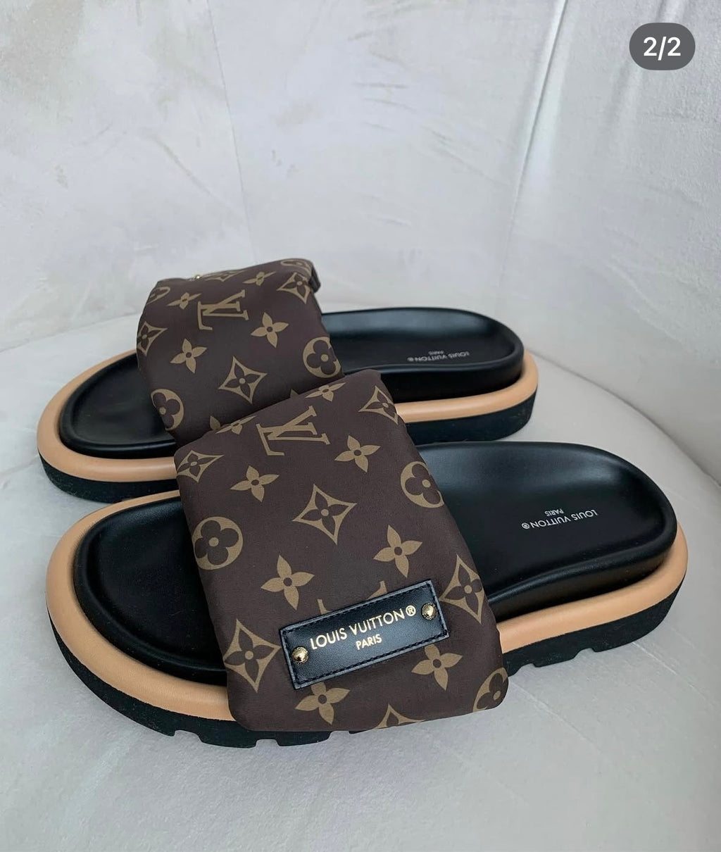 LV Brown Puffy Pillow Sliders
