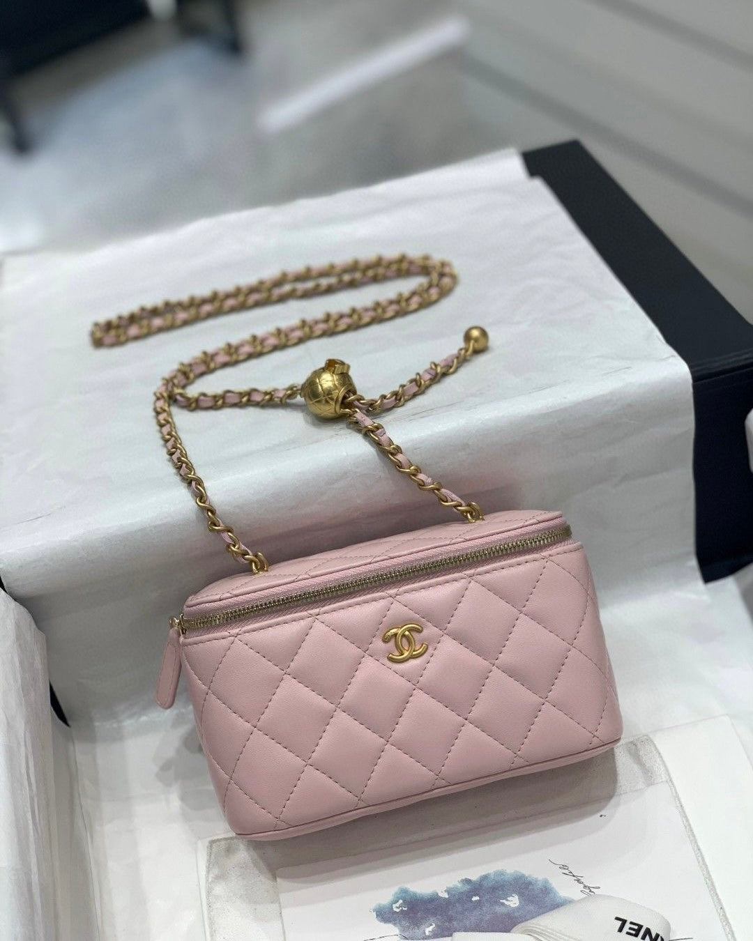 Pink Quilted Gold Chain Box Bag