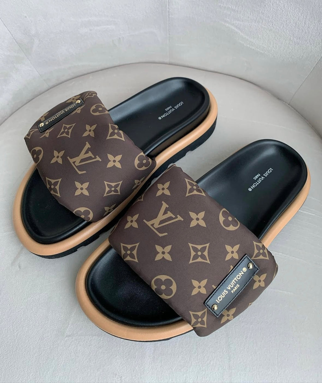 LV Brown Puffy Pillow Sliders