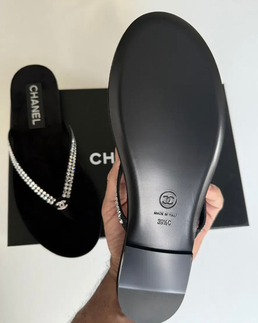 CC Velvet Black Rhinestone Flip Flops