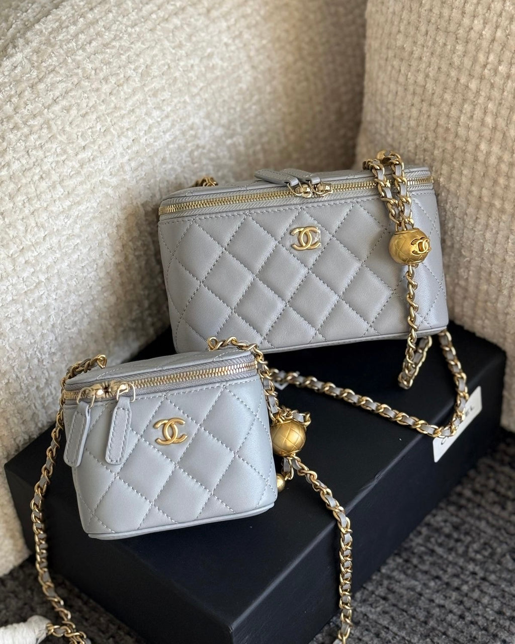 Grey Quilted Gold Chain Box Bag
