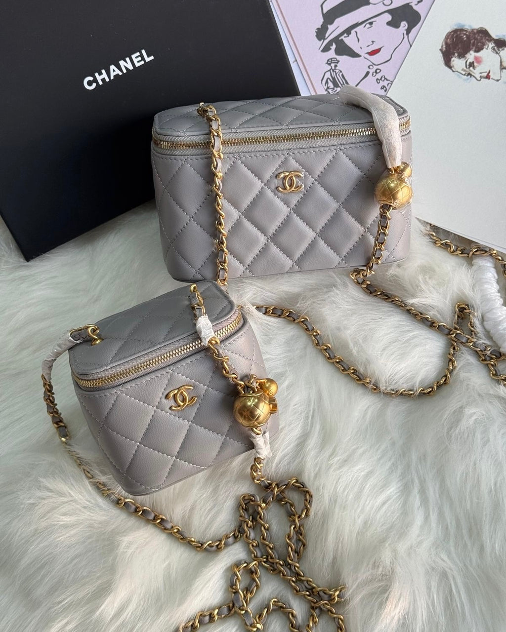 Grey Quilted Gold Chain Box Bag